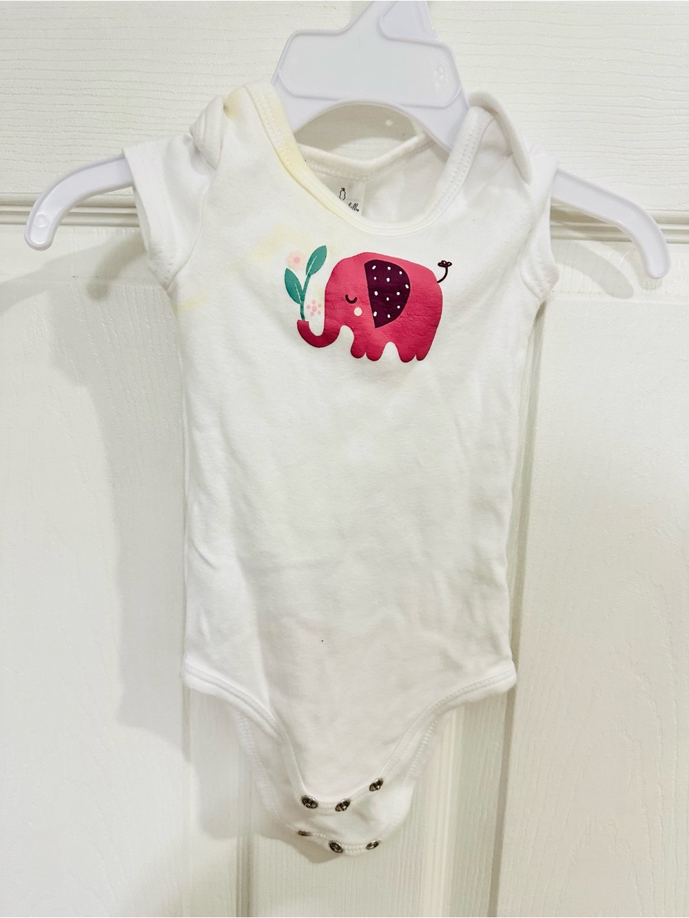 White Baby One-Piece Bodysuit with Pink Elephant Graphic